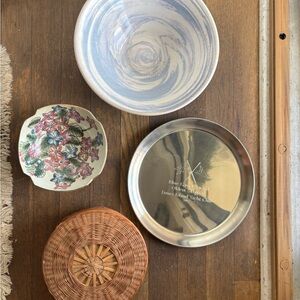 Blue and White Swirl Ceramic Bowl and other bowls and plates and basket bundle